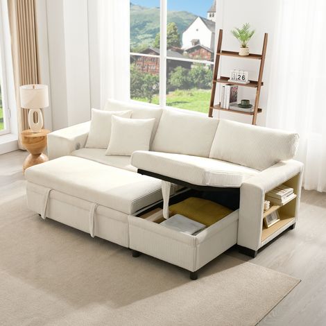 canapé angle convertible rangement tissu côtelé beige OKMYHOME (1/5)