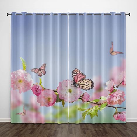 Rideaux occultants exquis pour chambre d'enfant, fleur de papillon rose 200 x 213 cm, rideaux imprimés à motif 3D, isolation phonique à œillets, rideaux à isolation thermique pour garçons et filles, 2 (1/5)