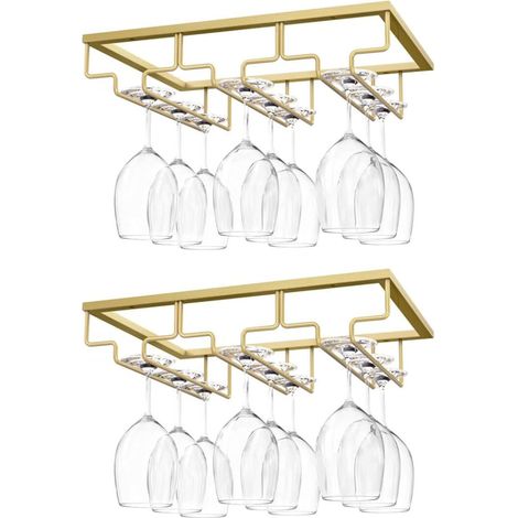 Porte-Verres à Pied Suspendu, Porte-Verre à Vin Suspendu Support de Verre à Vin avec 3 Rails pour Dessous d'Étagère, Armoire de Verre, Tenture en Chrome, Barre de Cuisine - Or (1/5)