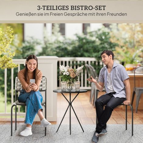 Ensemble de jardin polyrattan lounge deux personnes trois pièces, deux fauteuils empilables table intégrée, mobilier étanche pour balcon et jardin gris (1/4)