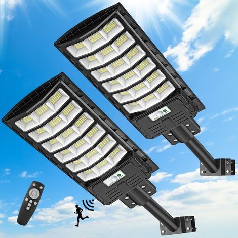 2 Packs 600W Réverbère Solaire Extérieur, Lampe Solaire à LED avec Détecteur de Mouvement et Télécommande, Projecteur Solaire IP65 étanche, 6500K Spot Solaire Extérieur Minuterie Pour Jardin (1/5)