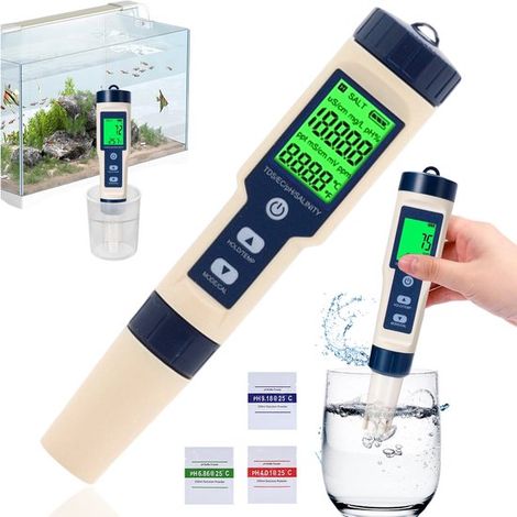 Misuratore di qualità dell'acqua 5 in 1 per pH, conducibilità elettrica, solidi totali, salinità e temperatura. Colore bianco. Impermeabile. (1/5)