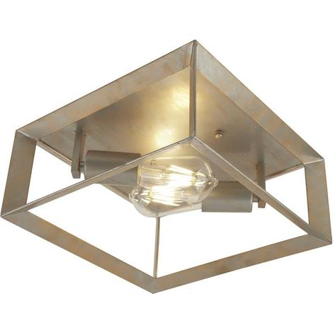 Plafonnier métal L: 30 cm en argent-doré Plafonnier E27 carré 2 lampes shabby chic
