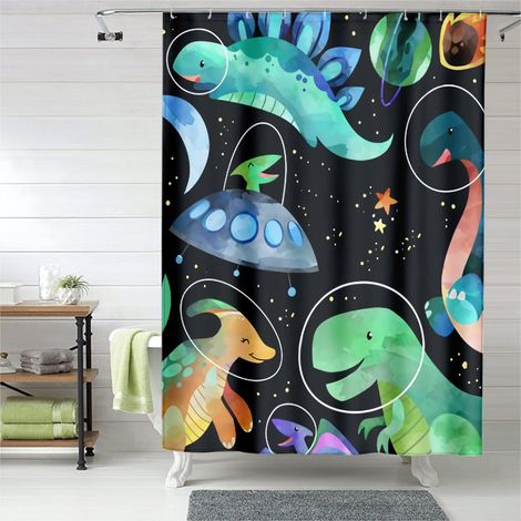 Rideau de douche dinosaures ambiance ludique, rideau salle de bain, 150x180 cm (1/5)