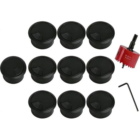 Passe-Câble Bureau 60 mm, Lot de 10 avec Scie Cloche 60 mm et Clé Allen, Cache Câble Bureau Rond Noir, Passage de Câble pour Bureau, Table, Home Office, PC et TV (1/5)