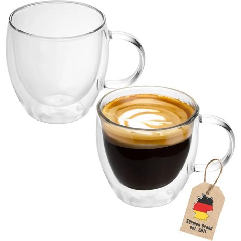 Intirilife Lot de 2 verres isothermes à double paroi de 100 à 150 ml – Verres isothermes soufflés à la bouche, verres à expresso, à latte macchiato, à thé et à café avec anse (1/5)