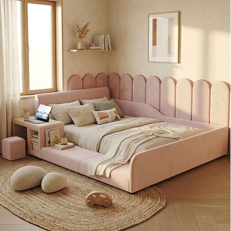Lit adulte rembourré 140x200 cm velours rose, tête de lit capitonnée, sommier à lattes, ensemble lit avec bureau, tabouret et étagère de rangement (1/5)