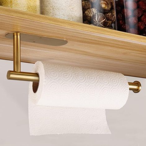 Soporte para rollos de papel de cocina, rollos de papel sueltos, autoadhesivo para fijar a la parte inferior del armario, acero inoxidable, color dor (1/5)