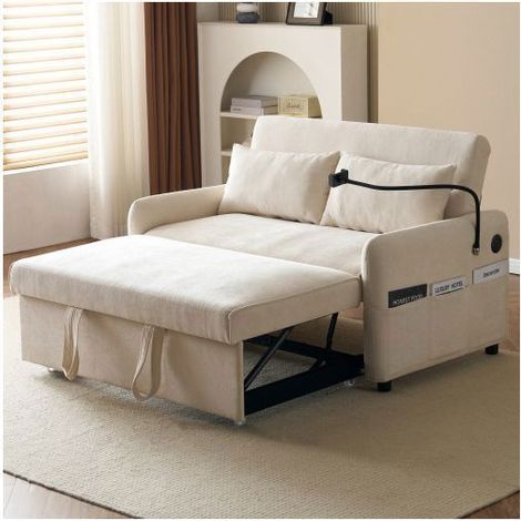 Banquette-Lit 129x81x76cm Canapé Lit 2 Places Tissu Chenille Beige, Dossier Réglable, Ports USB, 2 Coussins - Beige (1/5)