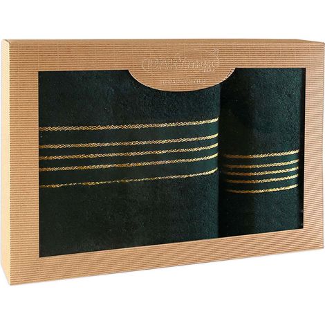 Juego de 2 toallas de algodón, caja de 50x90 y 70x140 cm, color verde oscuro. (1/5)