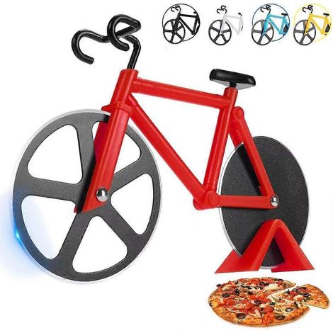 Roue coupe-pizza en forme de vélo - Cadeau pour cyclistes - Coupe-pizza en forme de vélo - Gadget de cuisine amusant - Coupe-pizza en acier inoxydable (rouge) (1/5)
