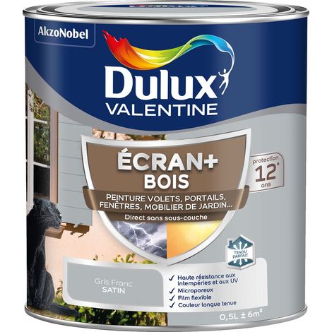 ECRAN+ BOIS - Peinture satinée pour bois extérieur - Volets, portes, fenêtres, portails - Gris Franc 0,5 L - Dulux Valentine