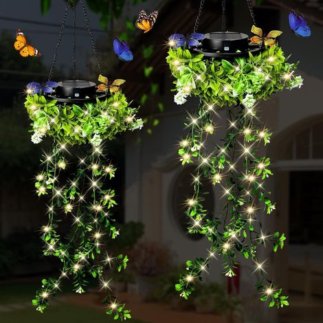 Lampe Solaire Exterieur, 2 Fausse Plante IP65 Suspendue Jardin Décoration, Plante Artificielle Tombante Cour Terrasse Noël Mariage Fête, Blanc Chaud Cadeau (1/5)