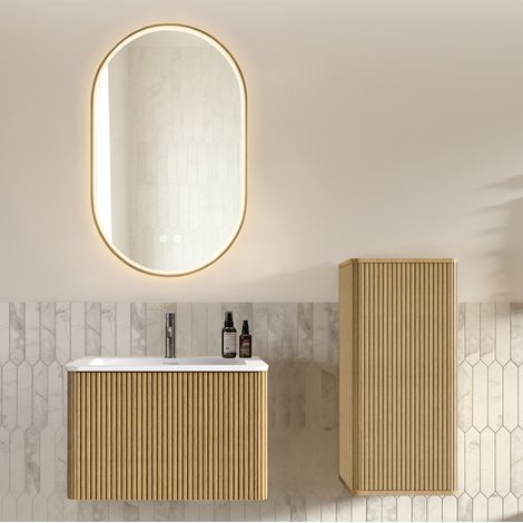 Conjunto de baño suspendido 60 cm con lavabo, columna y espejo LED ovalado, efecto roble (1/5)