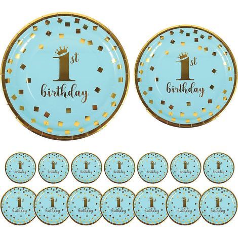 16 assiettes jetables en papier pour fête de premier anniversaire de bébé fille ou garçon-18x18x0.8cm-Blue (1/4)