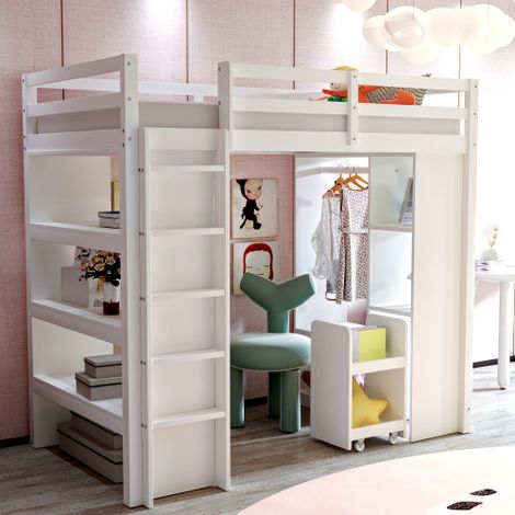 Lit Mezzanine Enfant 90x200 avec Rangements, Étagères et Penderie - Blanc