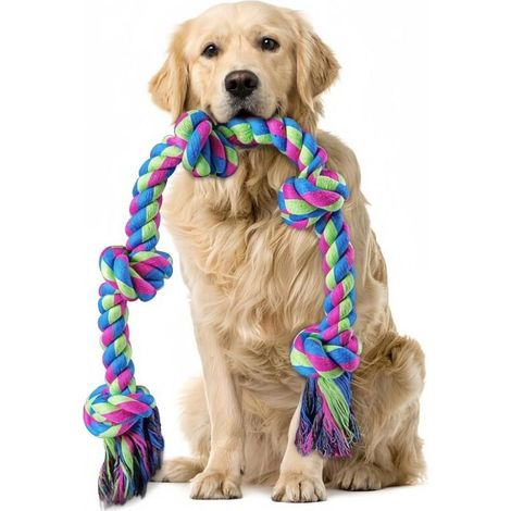 Corde à mâcher pour chien en coton naturel de 95 cm avec 5 nœuds, adaptée aux chiens de taille moyenne à grande. Idéale pour le nettoyage des dents et les jeux de tir à la corde. 1 corde. (1/5)