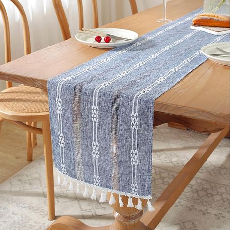 Tischläufer aus Leinen mit Quasten – Waschbare Tischdekoration für Möbel, Weihnachten, Partys, Küche, Couchtische, Feiertage, Geburtstage und Restaurants (180 x 33 cm, Blau)