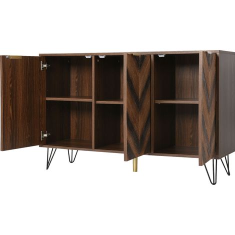 Buffet en bois massif avec 3 portes, poignées dorées et pieds en fer robustes, 120x38x76,5 cm, finition noire et bois naturel (1/5)