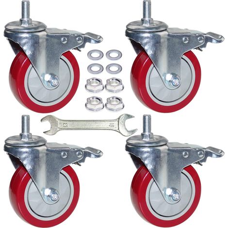 Lot de 4 roulettes à tige robuste de 10,2 cm, roues pivotantes à 360 degrés avec vis de taille métrique M12-1,75, boulon à double verrouillage, capacité de charge jusqu'à 408,2 kg (1/5)