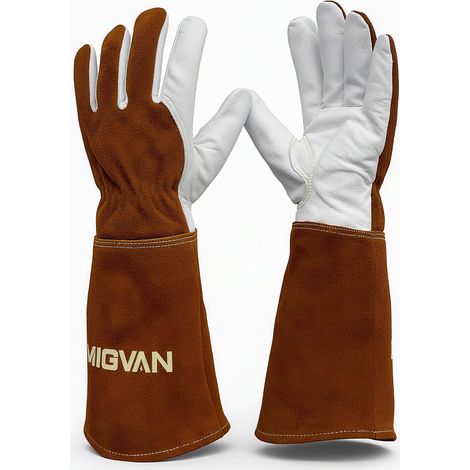 Gants de soudage en cuir de vache – Gants longs ignifuges pour soudage MIG/TIG, barbecue, cheminée, four et cuisine – Résistants à la chaleur, unisexe, taille L (1/5)