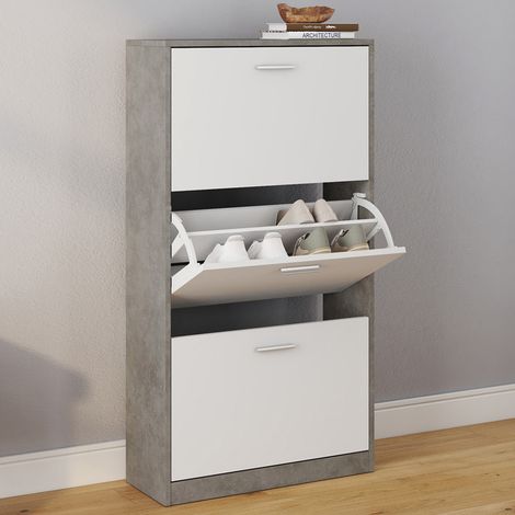 Mueble zapatero blanco de 3 puertas KLARK efecto hormigón (1/5)