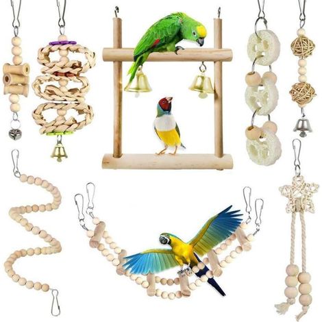 Ensemble de 8 jouets pour oiseaux – Bois naturel – Choucas des tours – Balançoire – Hamac – Échelle – Pour oiseaux de petite et moyenne taille (1/3)