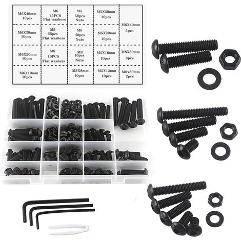 Jeu de Vis Boulons et Écrous,M5 M6 M8 Noir Hex Socket Head Cap Vis et écrous Kit, Filetage Machine Boulons et Écrous Ensemble Outils Assortiment Kit 310pièces (1/5)