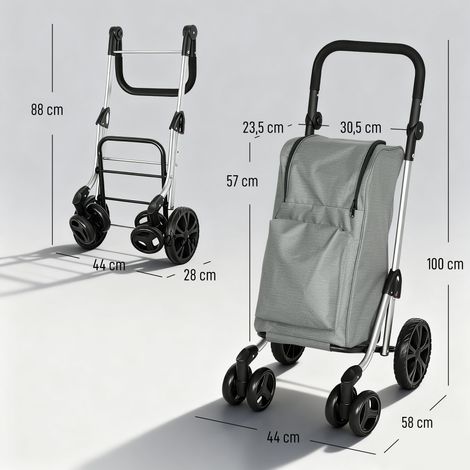 Chariot de courses pliable, sac isotherme de 46 litres, poignée réglable, structure en aluminium, gris (1/5)
