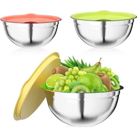 3 pièces bols à mélanger, saladier bol à en acier inoxydable avec Coloré couvercle hermétique, 2.5L / 2L / 1.4L empilables et lave-vaisselle, ustensiles de cuisine pour stockage et mélange (1/5)