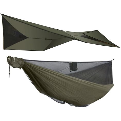 355 cm lange Camping-Hängematte mit 366 cm Regenschutz und Insektennetz, tragbar, leicht, Doppelhängematte mit reißfestem Nylon-Moskitonetz und 2 x 3 m Baumgurten zur Befestigung