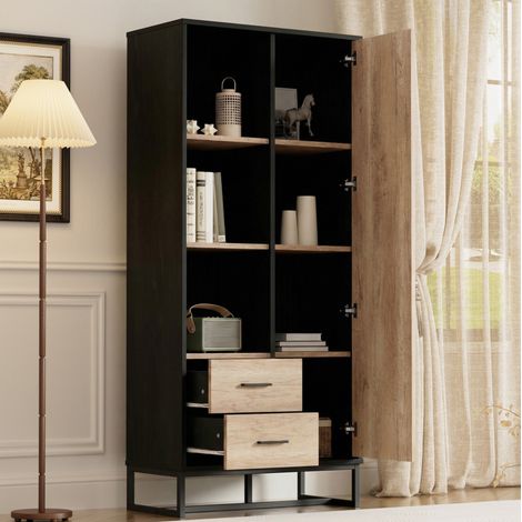 Buffet haut 80x40x180 cm noir et décor bois en MDF avec porte, 2 tiroirs et 3 niches ouvertes (1/5)
