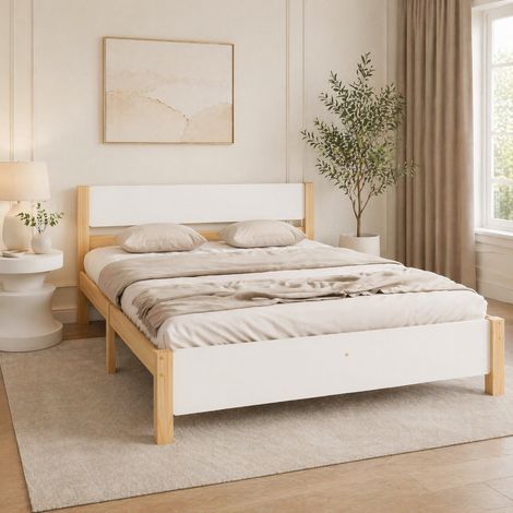 MEUBLIV Lit 140x200 cm blanc et naturel – tête et pied de lit, sans matelas (1/5)