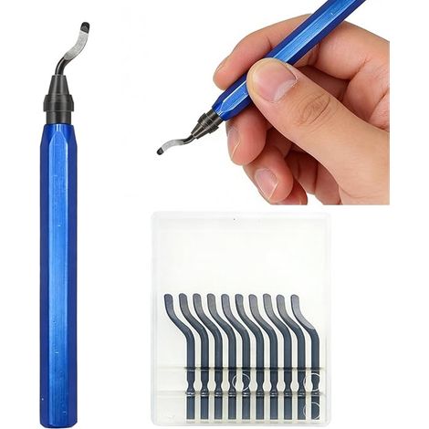 mango y 10 cuchillas desbarbadoras, herramienta manual desbarbadora giratoria de 360° con mango de aluminio, para la limpieza de piezas impresas en 3D, metal, plástico y acero inoxidable. (1/5)