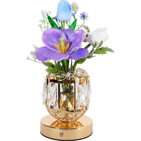 Veilleuse tulipe artificielle avec vase en cristal, lumière d'ambiance 3 couleurs, intensité variable, cadeau de mariage pour femme, maman (1/5)