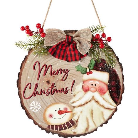 Weihnachts-Willkommensschild für die Haustür, Outdoor-Veranda-Dekoration aus Holz, Weihnachtstagsschild im Bauernhausstil, rundes hängendes Türschild (1/5)