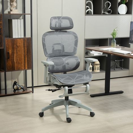 Fauteuil gris en maille respirante, ergonomique. Accoudoirs, appui-tête, réglable et équipé de roulettes. (1/5)