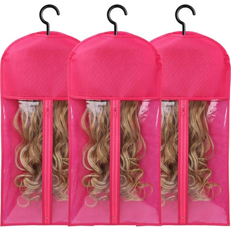 Set di 3 borse porta parrucche con ganci, in grado di contenere più parrucche, adatto per extension, parrucche e accessori (rosso rosa). (1/5)