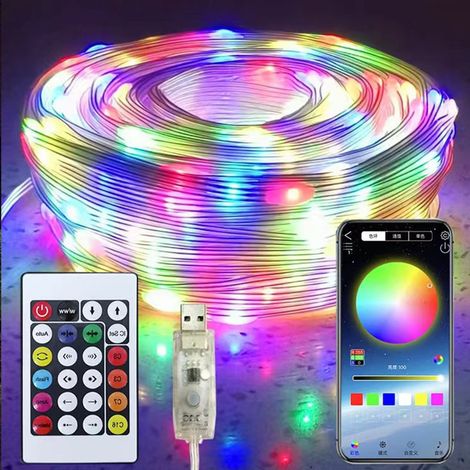 Guirlande lumineuse LED RGB d'extérieur USB de 15 m : couleurs changeantes, étanche, idéale pour les terrasses et les jardins télécommande incluse. (1/5)
