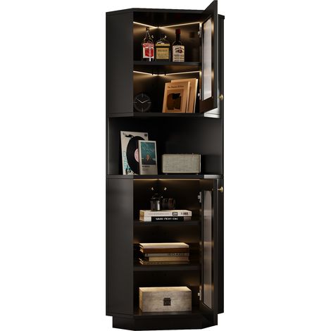 Mobile bagno 45x45x166,5 cm, 2 Vani Portaoggetti, Ante in Vetro Sagomato, Illuminazione Interna, MDF, Nero, per Angolare (1/5)