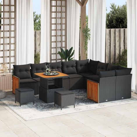 Salon de Jardin en Résine Tressée Noir avec Canapé Table Basse et Coussins Ensemble 12 pcs - PANGIVO (1/5)