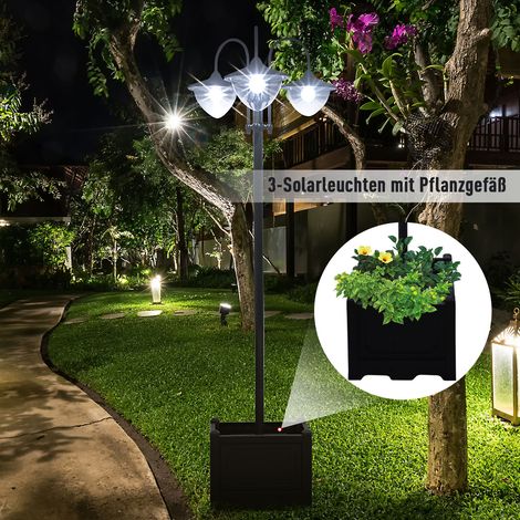 Lanterne Solaire 3 Pièces, Lampadaire Métal pour Jardin 60x55x189cm, Balise Extérieure Étanche IP44, Pot de Fleurs Intégré, Déco Balcon Terrasse, Noir (1/5)