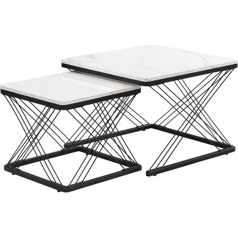Set di 2 tavolini quadrati da caffè effetto marmo bianco lucido MDF, 60x60x45 e 45x45x40 cm (1/5)