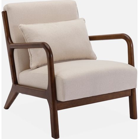 Poltrona scandinava in tessuto beige e legno di hevea (1/5)