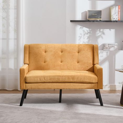 Sofá de 2 plazas de lino amarillo, patas de madera maciza antideslizantes, 119 x 75 x 88 cm HAVRYA (1/5)