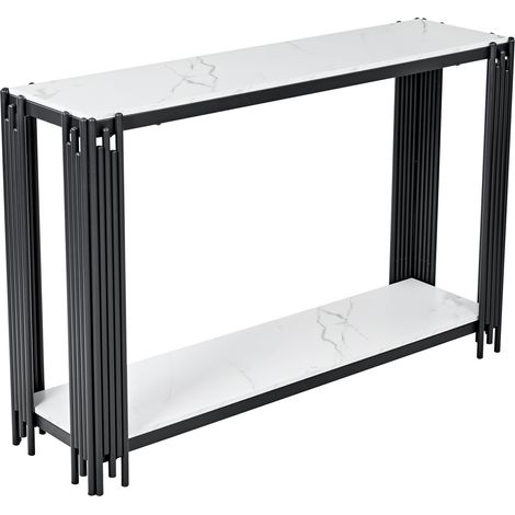 Table console 2 étagères, aspect marbre blanc, structure métal noir, table étroite d’entrée, H80 x L123,5 x P33,5 cm entrée salon chambre (1/5)