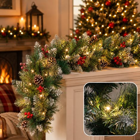 Jiubiaz Ghirlanda natalizia artificiale, 2.7 m, 50 LED bianco caldo, con palline, fiocchi di neve e nastri, alimentazione USB, a batterie - Decorazione nat... (1/5)