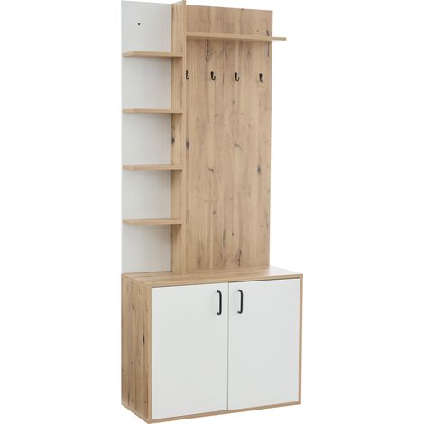 Mueble recibidor con zapatero y perchero 75 x 33 x 180 cm madera natural y blanco (1/5)
