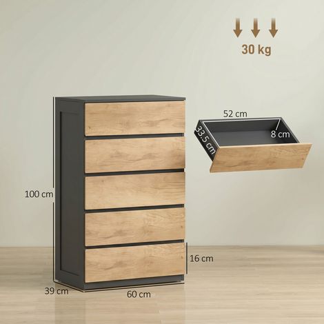 Commode en bois à cinq tiroirs et poignées rainurées, 60x39x100cm, noir et chêne. (1/5)