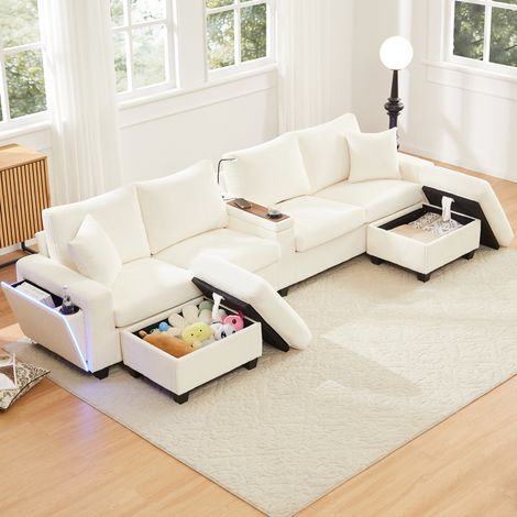 Divano a U 4 posti in velluto a coste con 2 pouf contenitore, LED, USB/Type-C beige DESVIAE (1/5)